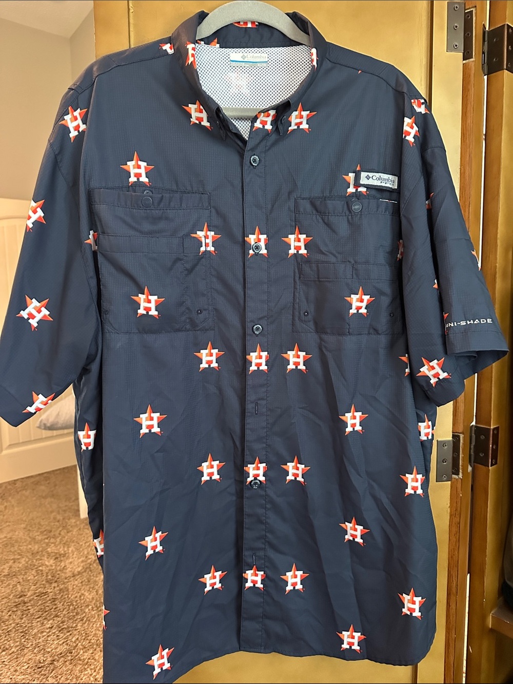 Columbia Navy Short-Sleeve Button Shirt with Orange and White Logo Print